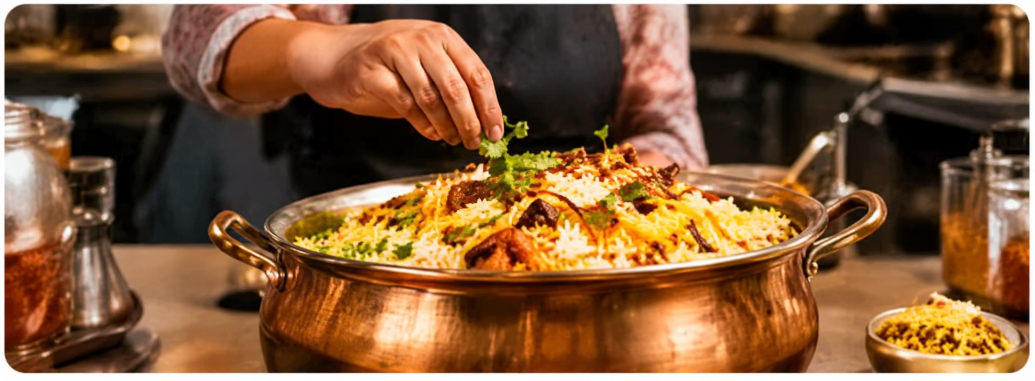 Home Chef preparing biryani in a large pot