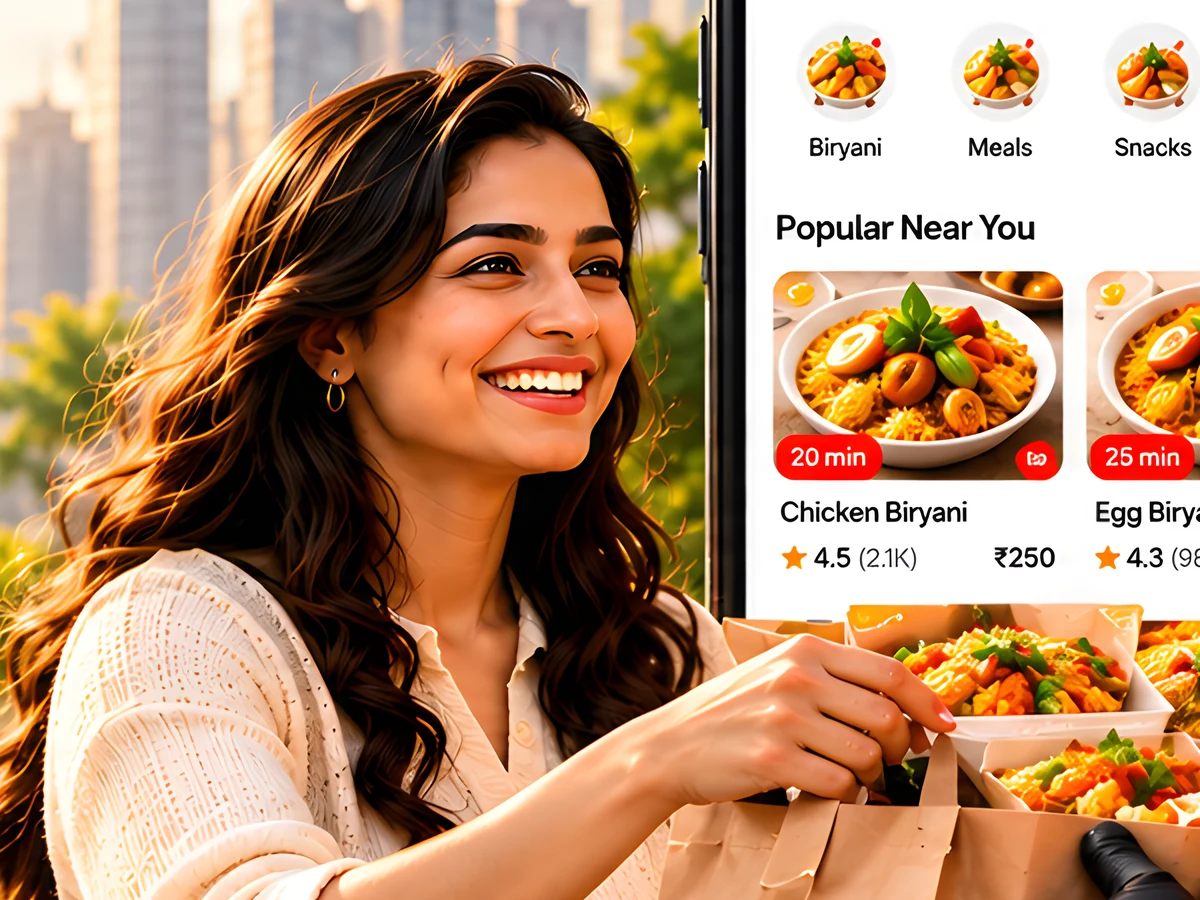 Woman smiling as she receives her lunch delivery