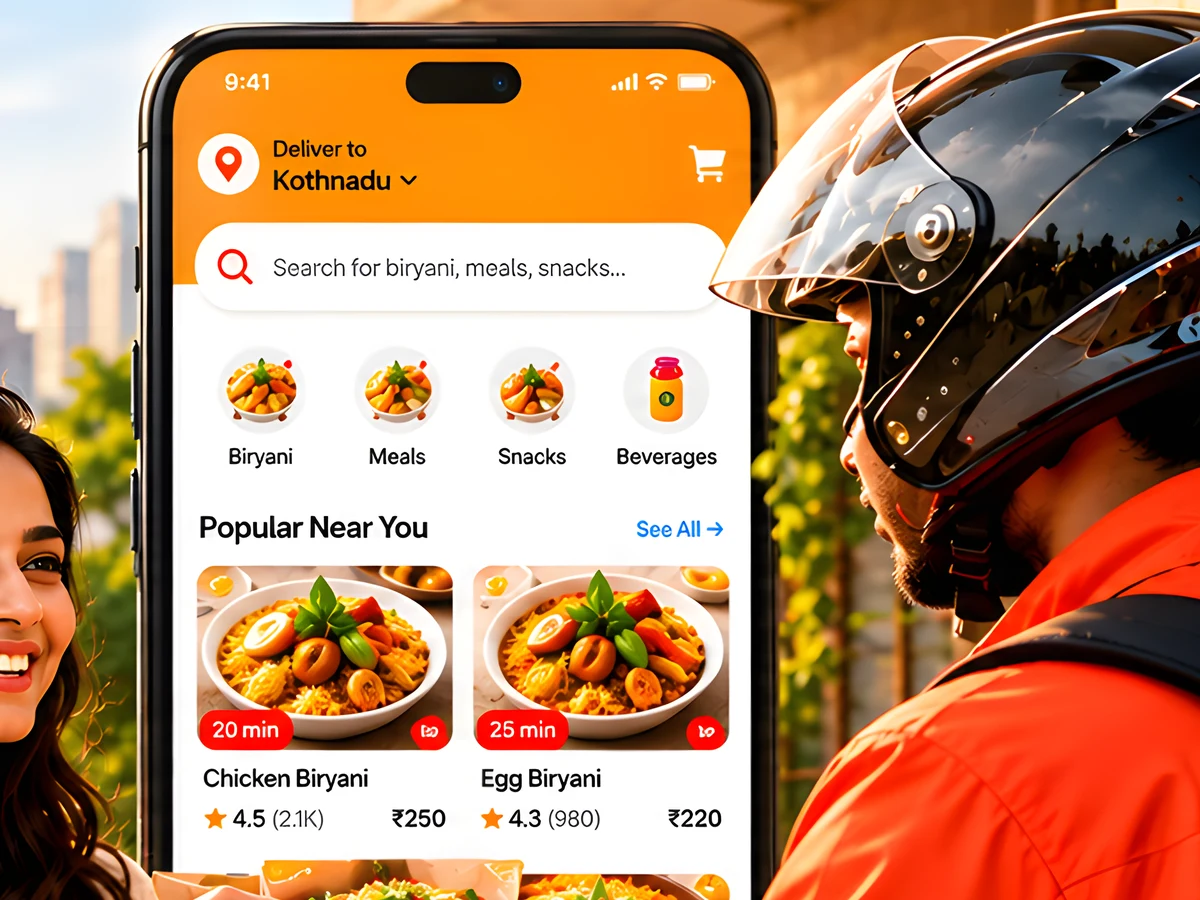 Birryani app showing popular dishes, with a delivery partner nearby